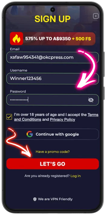 Slota Casino registration step 2 - enter email username and password