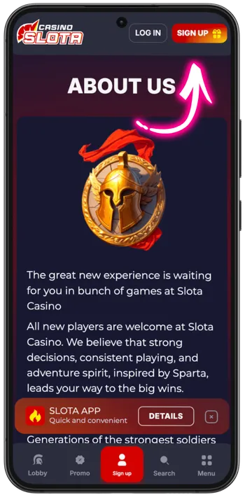 Slota Casino registration step 1 - open official site and click Sign Up